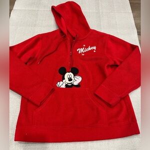 [M] DISNEY Fleeced Hoodie Mickey Mouse Pullover 1/4 Zip USA Cartoon Vintage Red